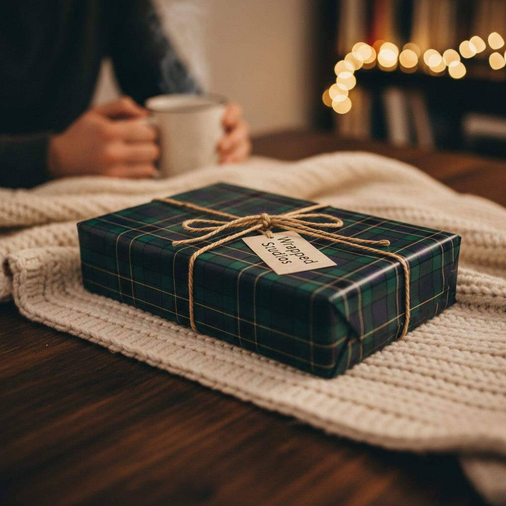 Dark green plaid wrapping paper with twine bow, cozy Christmas gift on a table.