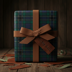 Elegant gift box with green tartan wrapping paper, tied with a brown ribbon and a "To My Best" leather tag.