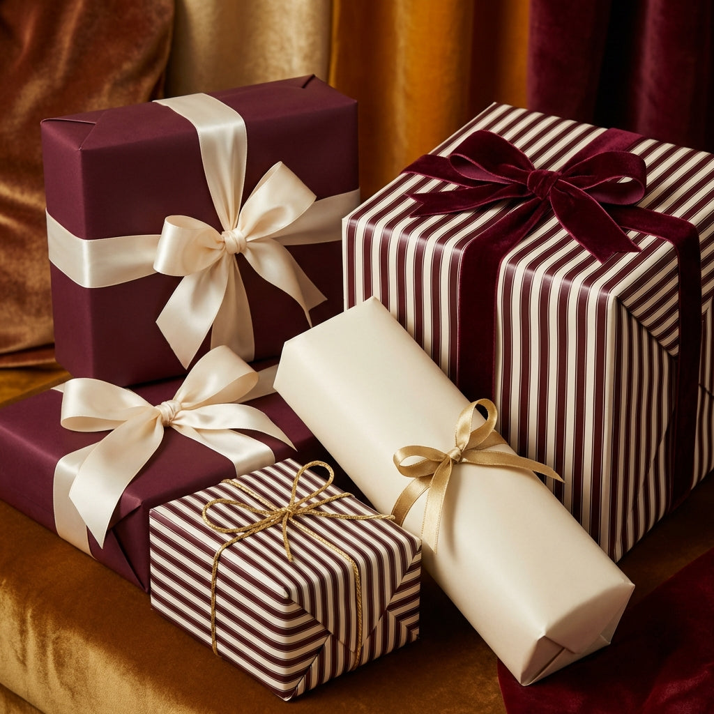 Elegant burgundy & striped wrapping paper with satin ribbons, luxury gift wrap for holidays.
