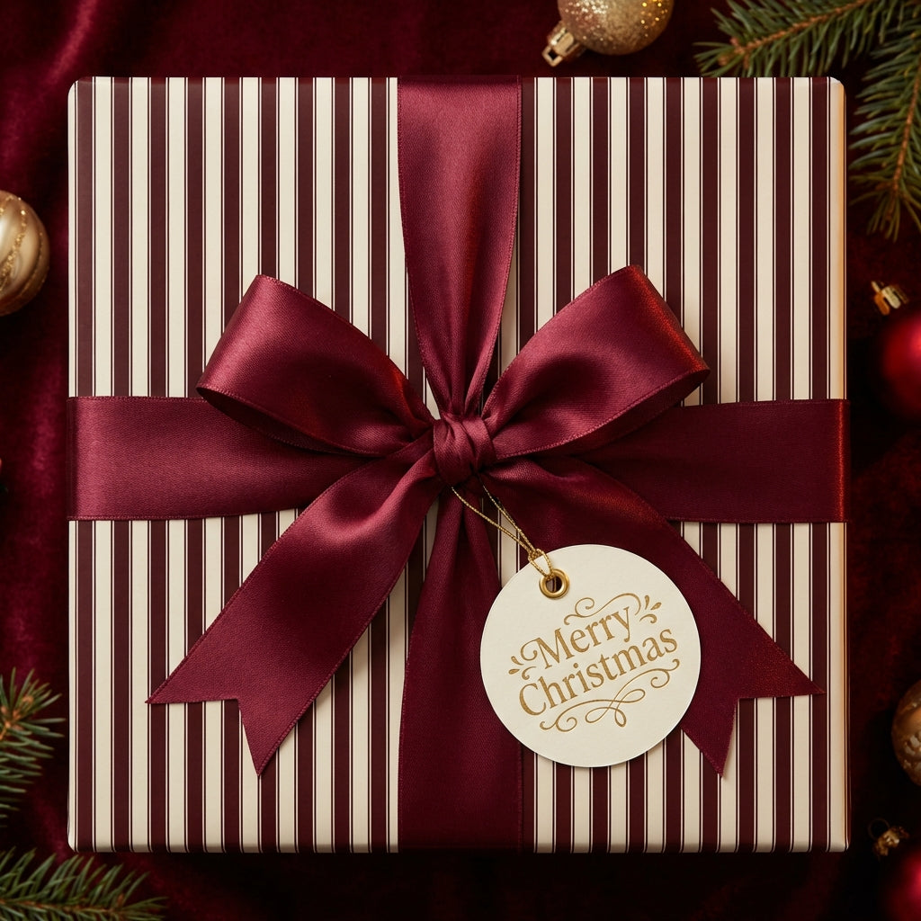 Burgundy ribbon on striped Christmas gift wrap with a "Merry Christmas" tag.