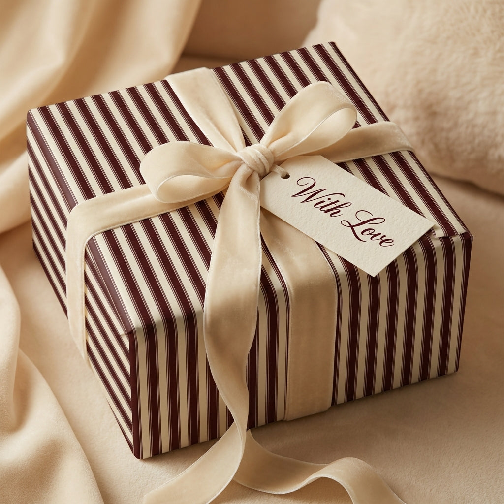 Elegant gift wrapped in striped wrapping paper with a cream ribbon and "With Love" tag.