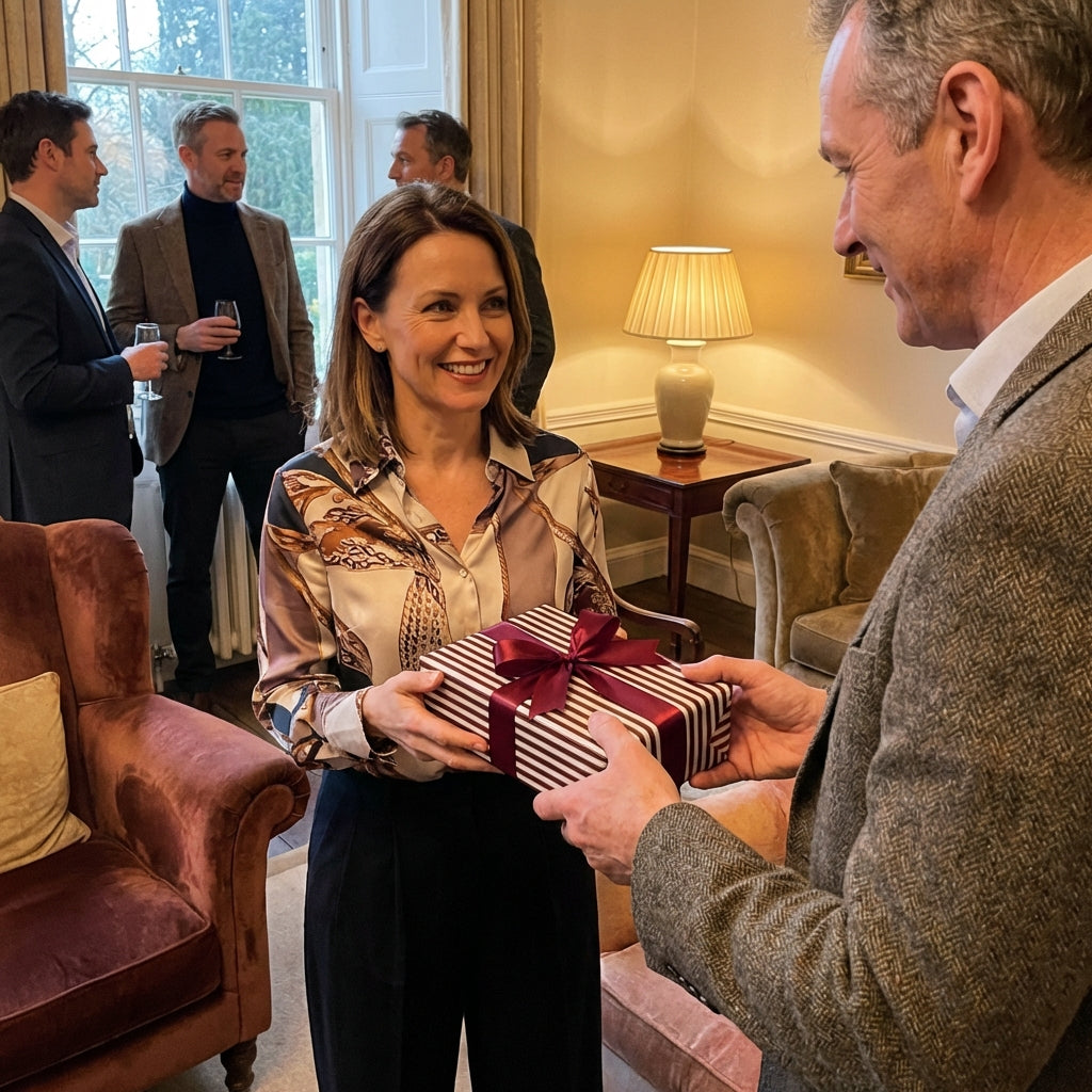 Woman receiving a brown striped gift wrapped present with a burgundy ribbon bow at an elegant indoor party.