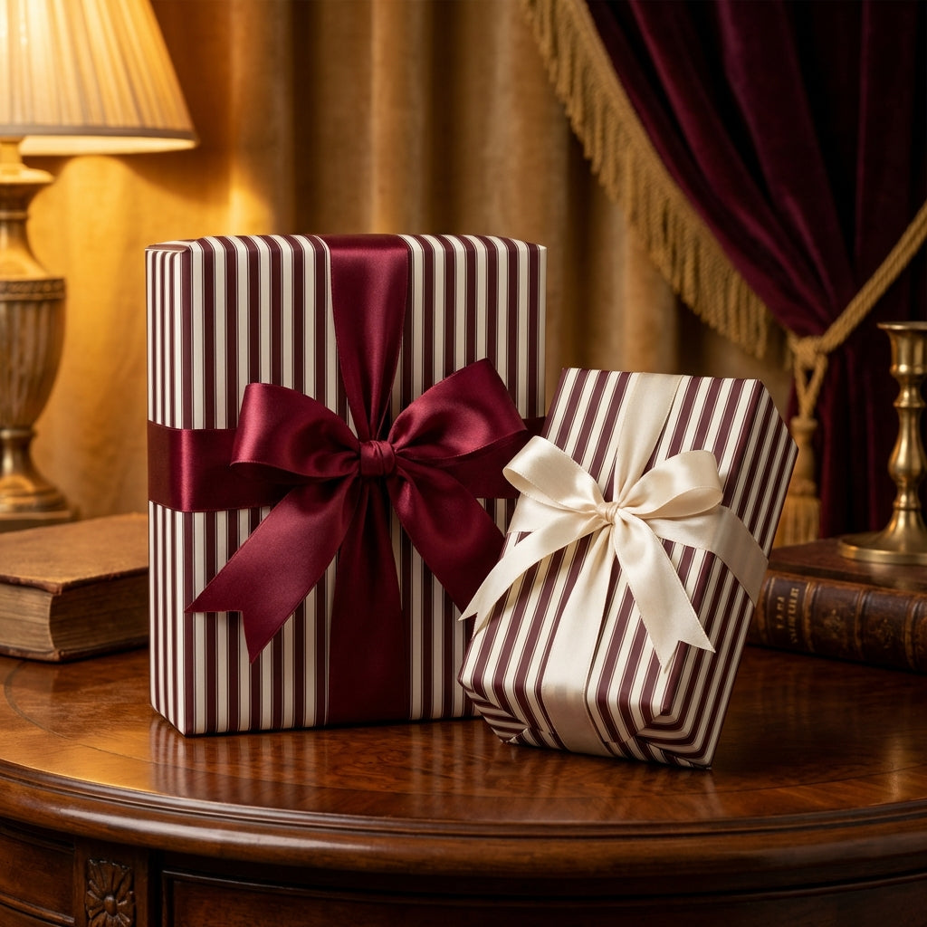 Elegant gifts wrapped in striped wrapping paper with satin bows for a luxurious touch.