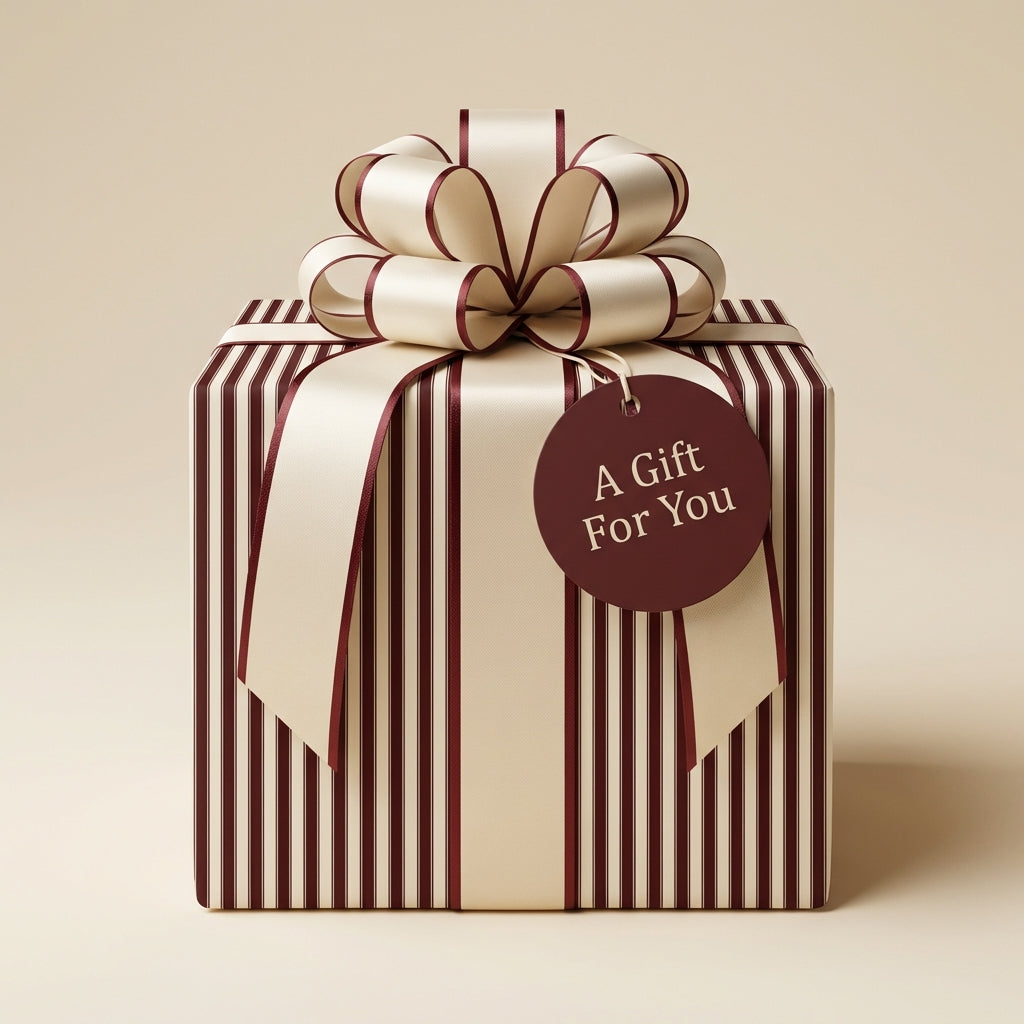 Elegant striped gift wrapped in luxury paper with satin bow and "A Gift For You" tag.