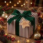 Striped Christmas gift wrap with dark green velvet ribbon and star tag on rustic wood surface.