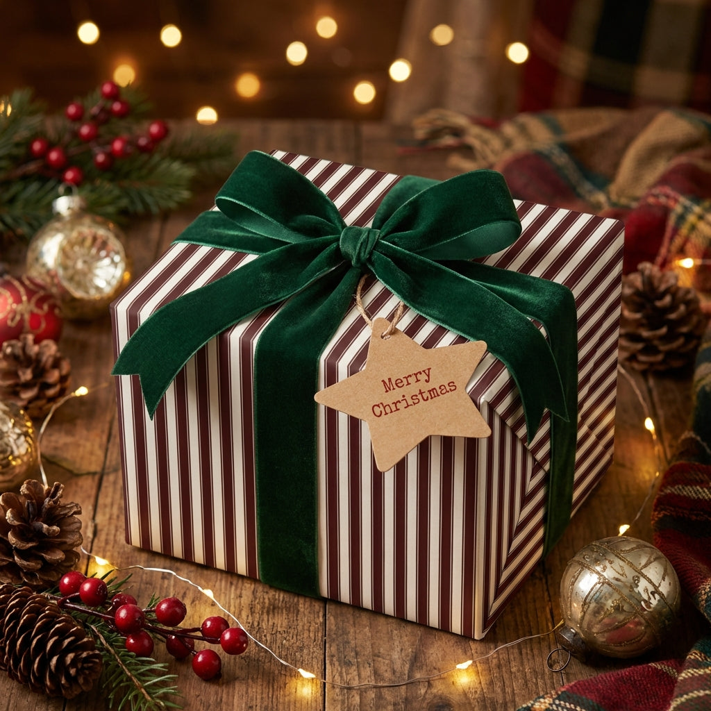 Striped Christmas gift wrap with dark green velvet ribbon and star tag on rustic wood surface.