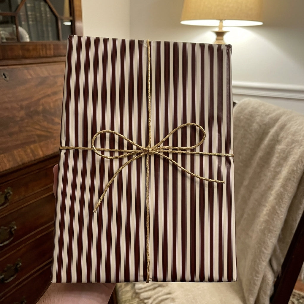 Striped gift box wrapped in brown and white paper with rustic twine bow.