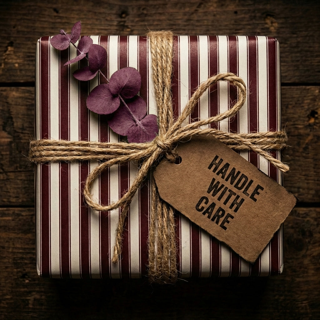Rustic chic gift box with striped wrapping paper, tied with twine and a "Handle With Care" tag.
