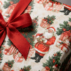 Nostalgic vintage Christmas wrapping paper with retro Santa pattern and red ribbon bow by Wrapped Studios.