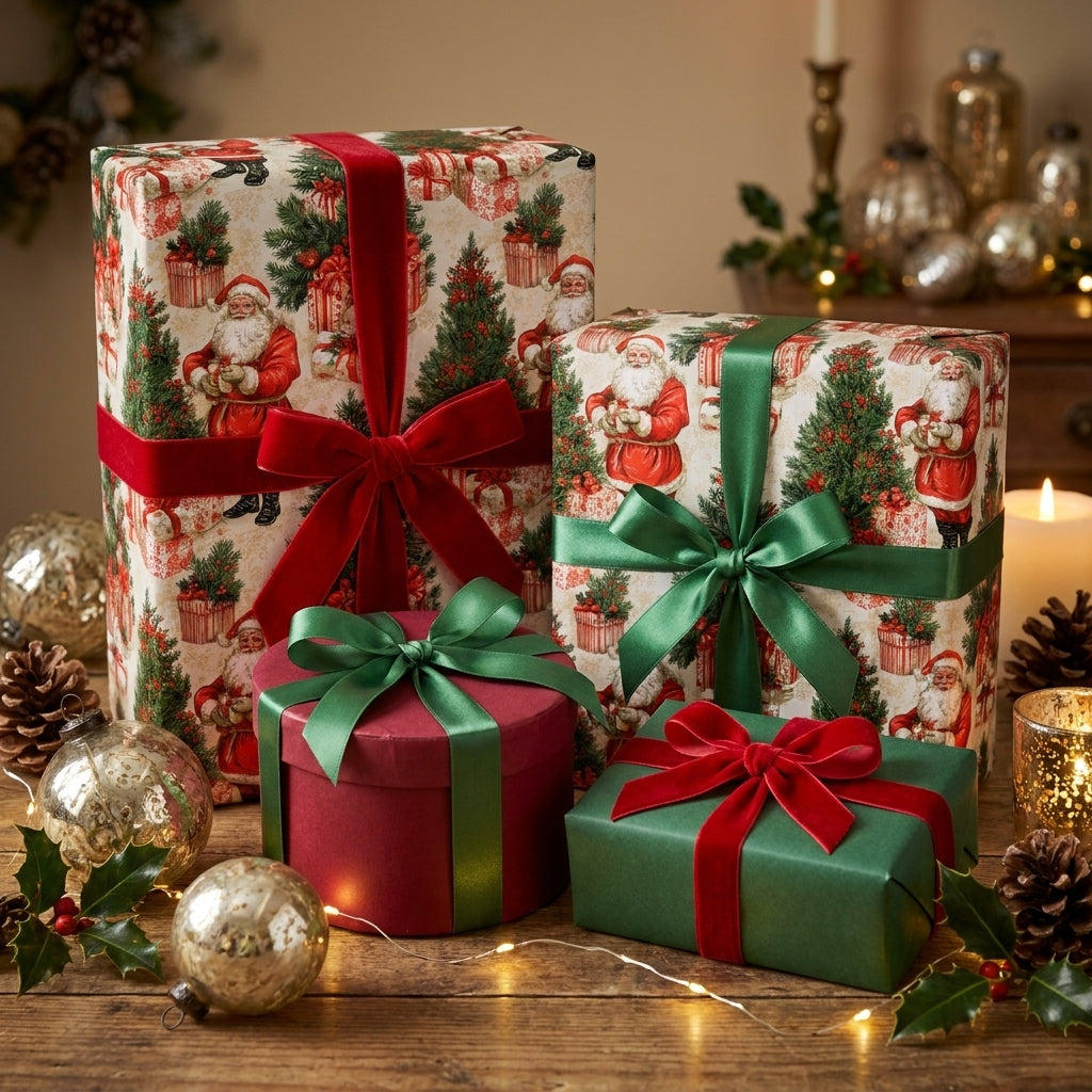 Vintage Christmas wrapping paper with nostalgic Santa illustrations and luxury velvet bows by Wrapped Studios.
