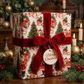 Vintage Santa Christmas wrapping paper with a red velvet bow and holiday tag by Wrapped Studios.