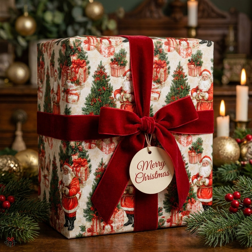 Vintage Santa Christmas wrapping paper with a red velvet bow and holiday tag by Wrapped Studios.