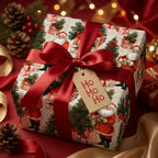 Vintage Santa Christmas wrapping paper with a red satin bow and Ho Ho Ho gift tag, by Wrapped Studios.