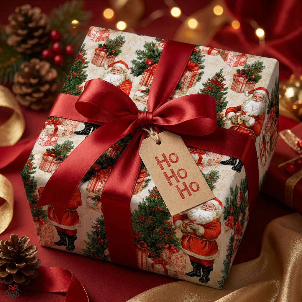 Vintage Santa Christmas wrapping paper with a red satin bow and Ho Ho Ho gift tag, by Wrapped Studios.