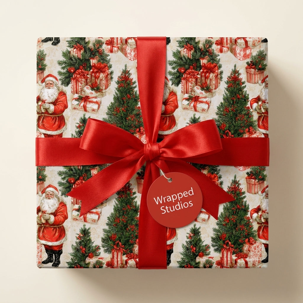 Vintage Christmas wrapping paper with Santa pattern and red satin bow, by Wrapped Studios.