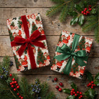 Vintage Santa Claus Christmas wrapping paper with red velvet and green satin bows by Wrapped Studios.