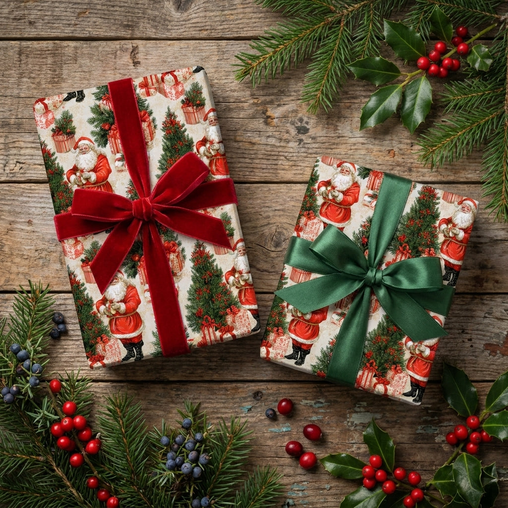 Vintage Santa Claus Christmas wrapping paper with red velvet and green satin bows by Wrapped Studios.