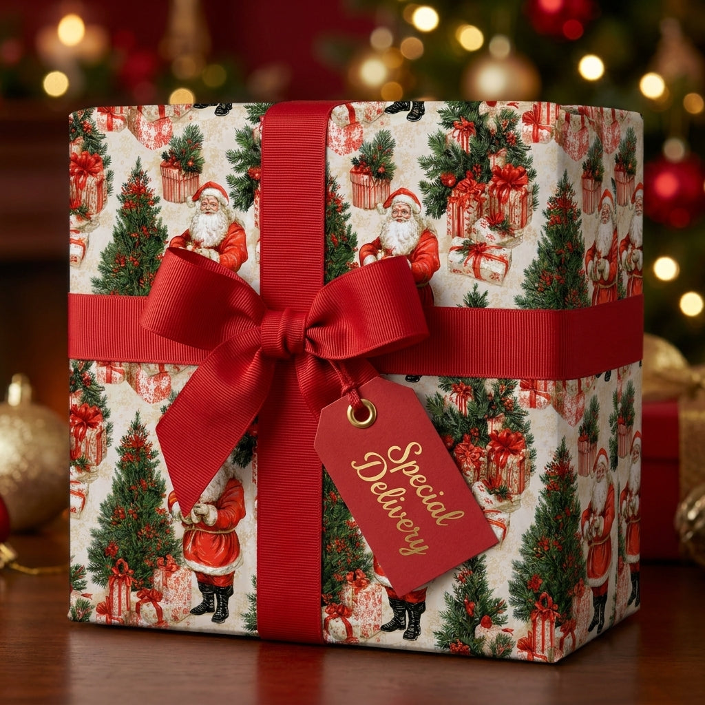 Vintage Santa Christmas wrapping paper by Wrapped Studios, featuring a red bow and Special Delivery tag.