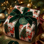 Vintage Santa Christmas wrapping paper with a luxury green velvet bow and gift tag by Wrapped Studios.