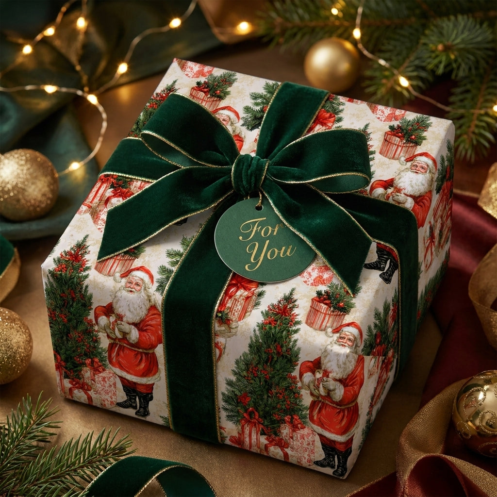 Vintage Santa Christmas wrapping paper with a luxury green velvet bow and gift tag by Wrapped Studios.