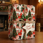 Vintage Santa Christmas wrapping paper on a gift with rustic twine and holly. Wrapped Studios.