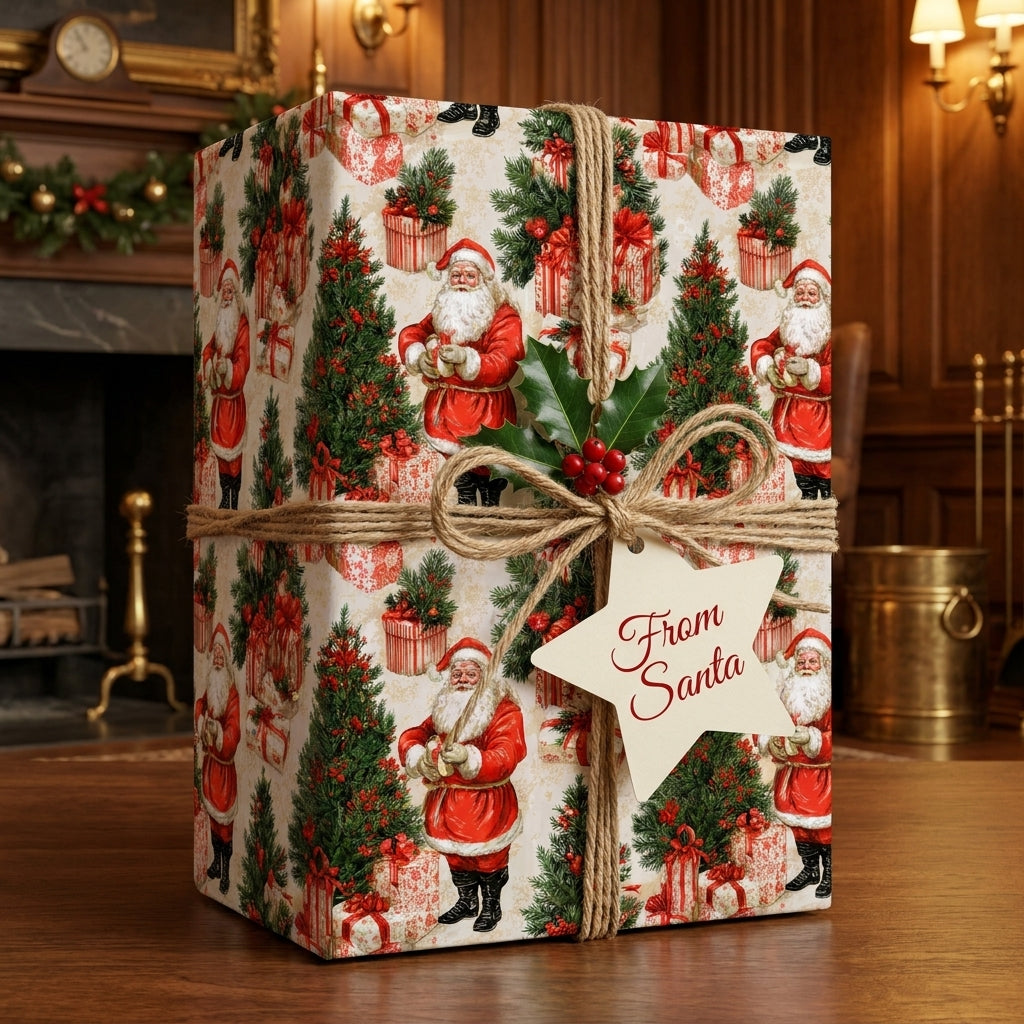 Vintage Santa Christmas wrapping paper on a gift with rustic twine and holly. Wrapped Studios.