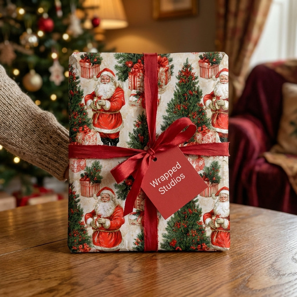 Vintage Santa Christmas wrapping paper by Wrapped Studios, tied with a red ribbon in a cozy holiday room.
