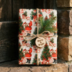 Vintage Santa Christmas wrapping paper by Wrapped Studios on a gift tied with twine and pine sprig.