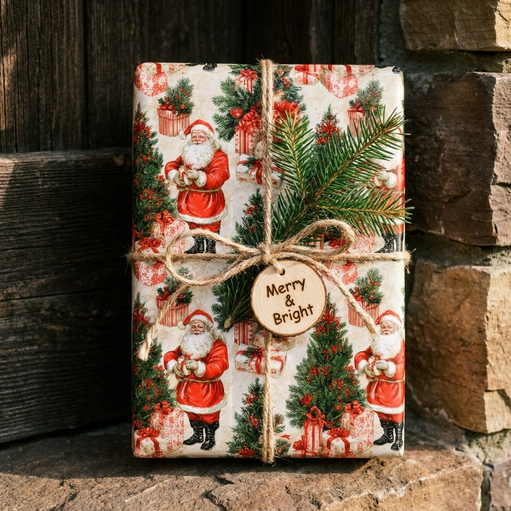 Vintage Santa Christmas wrapping paper by Wrapped Studios on a gift tied with twine and pine sprig.