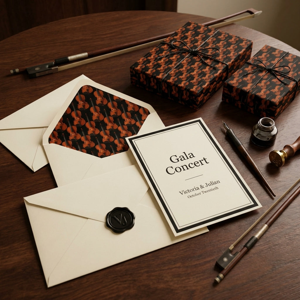 Musical violin wrapping paper on luxury gift boxes with gala invitations by Wrapped Studios.
