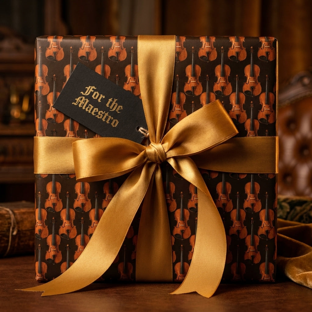 Luxury violin wrapping paper with a gold ribbon by Wrapped Studios, perfect for music lovers.