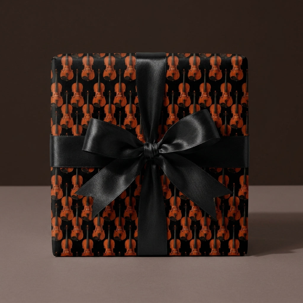 Luxury violin music wrapping paper with a black satin bow on a gift box by Wrapped Studios.