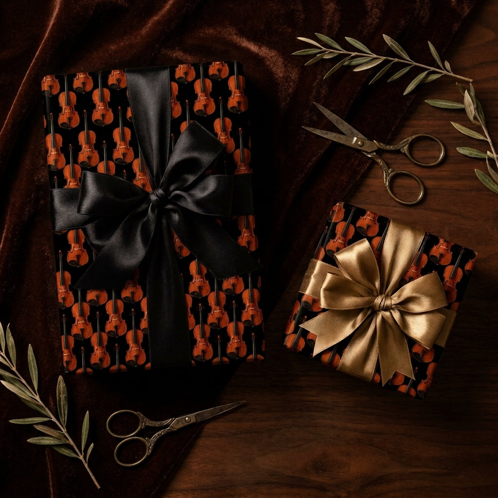 Luxury violin wrapping paper with black and gold bows on dark wood by Wrapped Studios.
