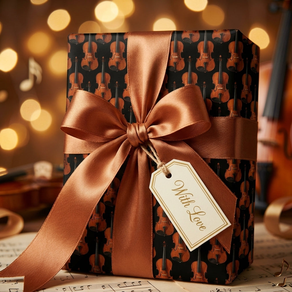 Luxury violin wrapping paper with a bronze satin bow and gift tag by Wrapped Studios.