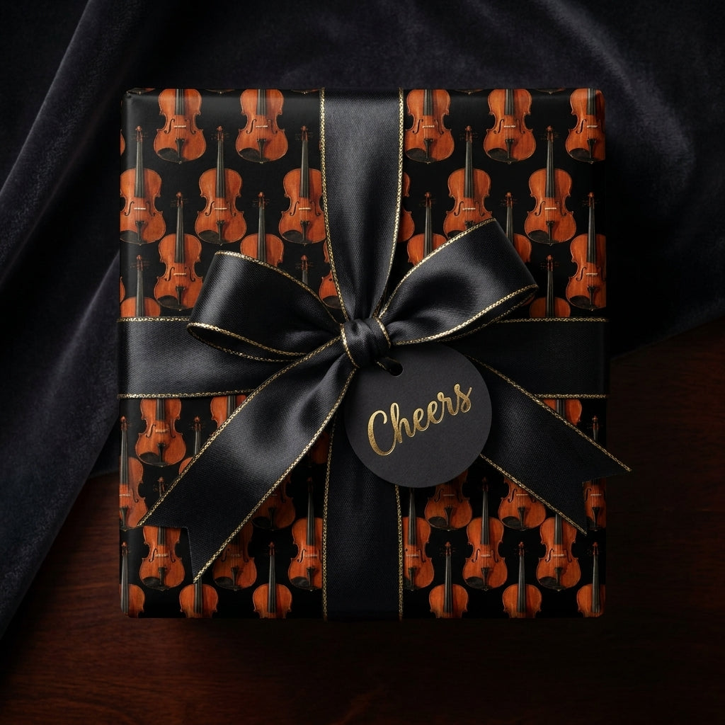 Elegant violin wrapping paper with a luxury black satin bow and cheers tag by Wrapped Studios.