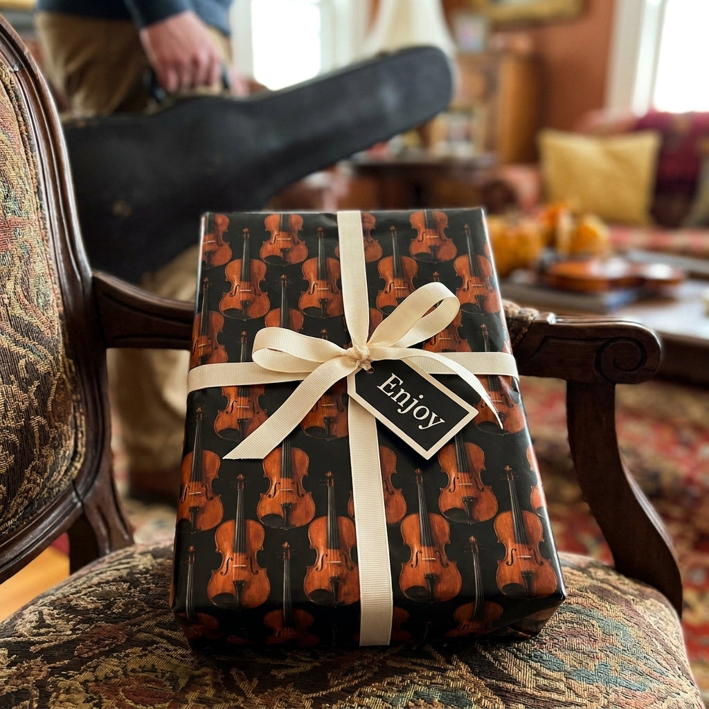 Violin wrapping paper with a cream bow on a music-themed luxury gift, by Wrapped Studios.