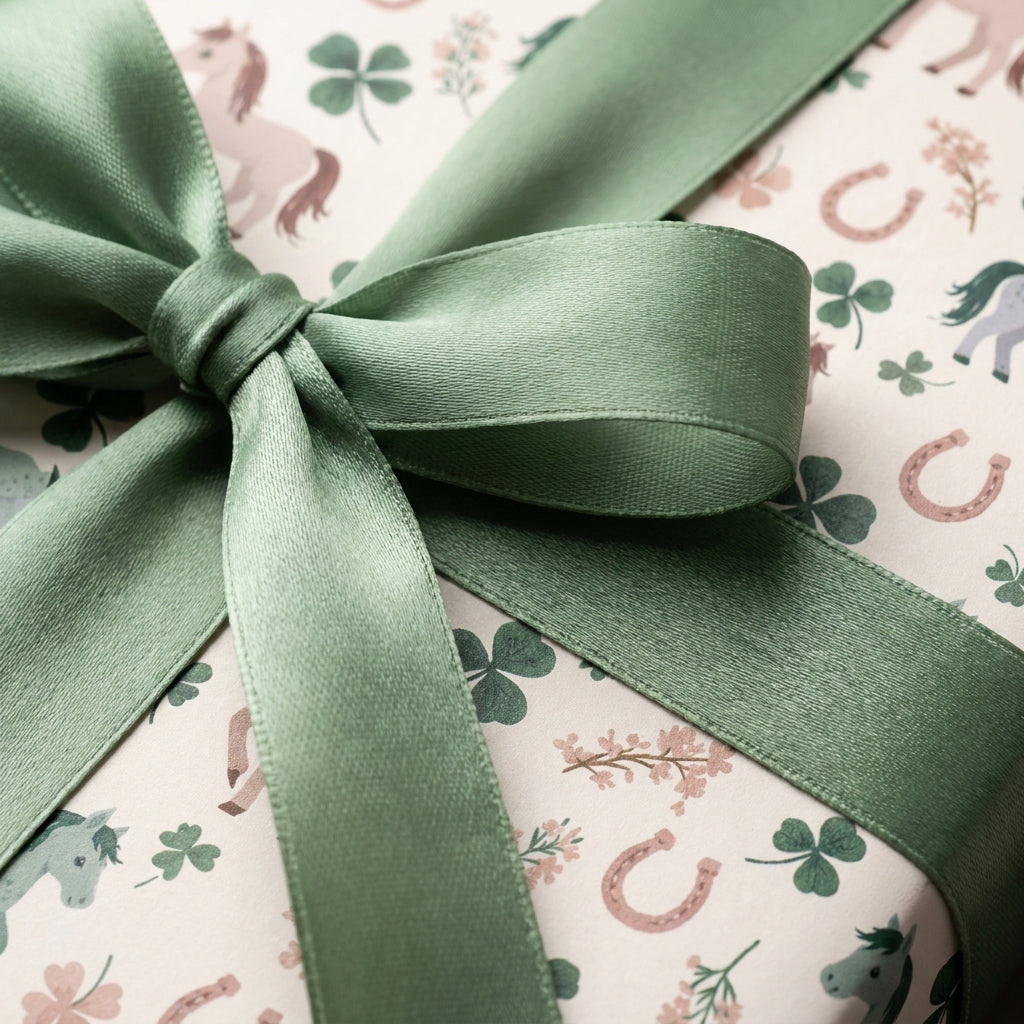 Equestrian horse and clover wrapping paper with a sage green satin bow from Wrapped Studios.