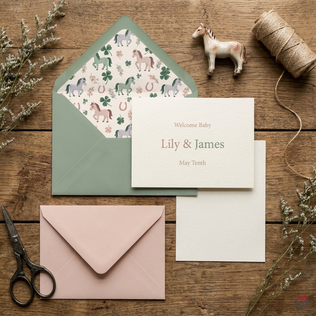 Equestrian baby announcement card with sage green horse pattern envelope liner by Wrapped Studios.