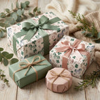 Equestrian horse wrapping paper with sage and blush ribbons on gifts by Wrapped Studios.