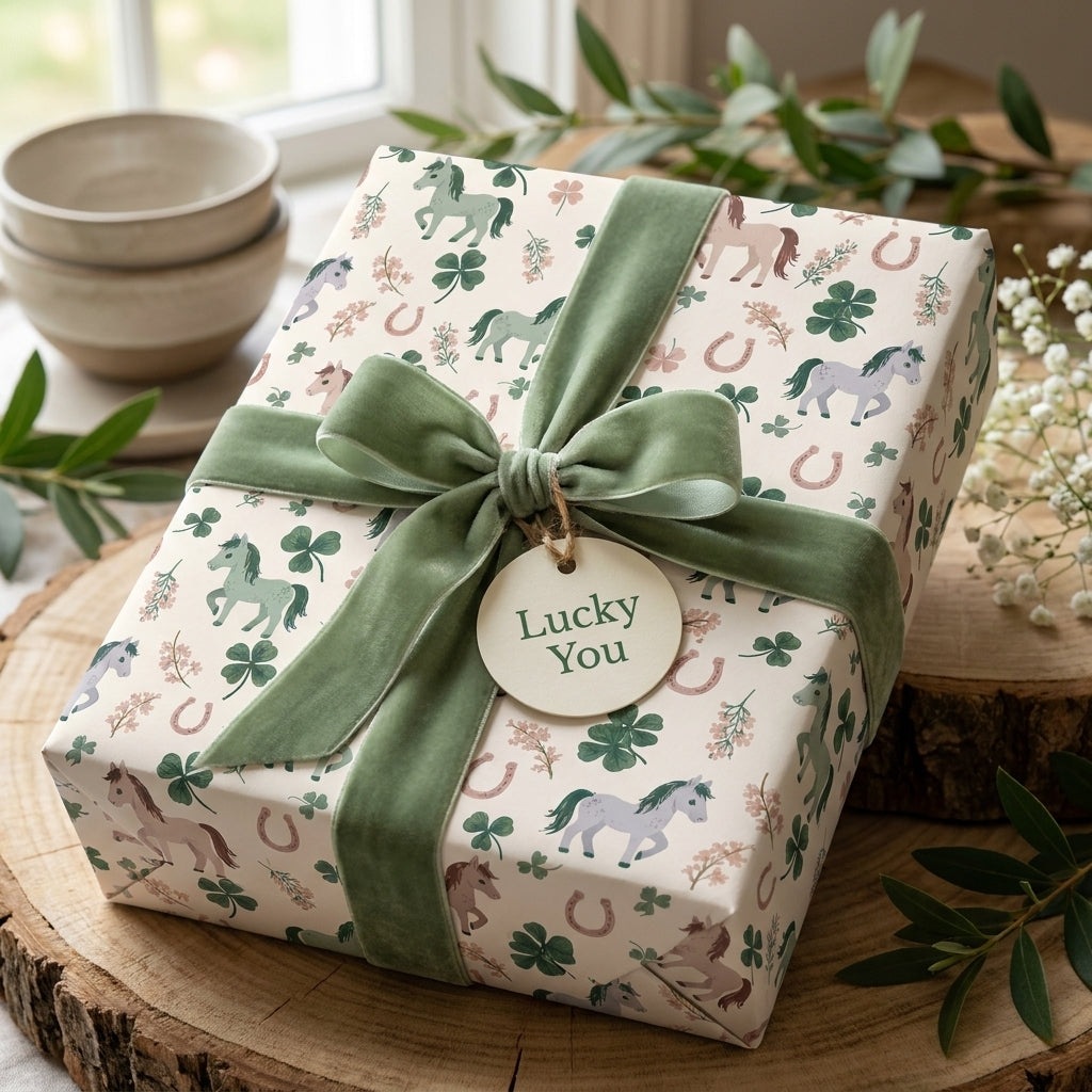 Horse and shamrock wrapping paper with sage green velvet bow by Wrapped Studios.