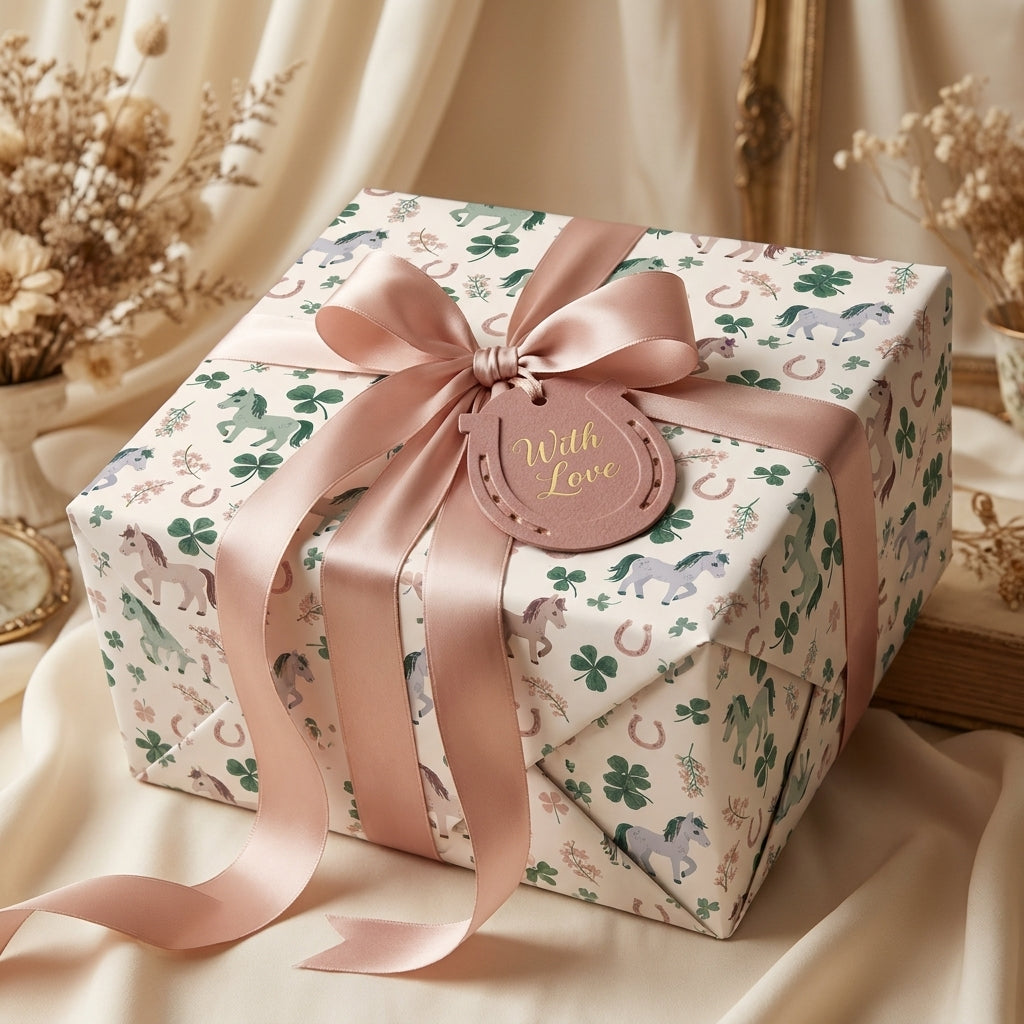 Lucky horse and horseshoe wrapping paper with a pink satin ribbon, by Wrapped Studios.