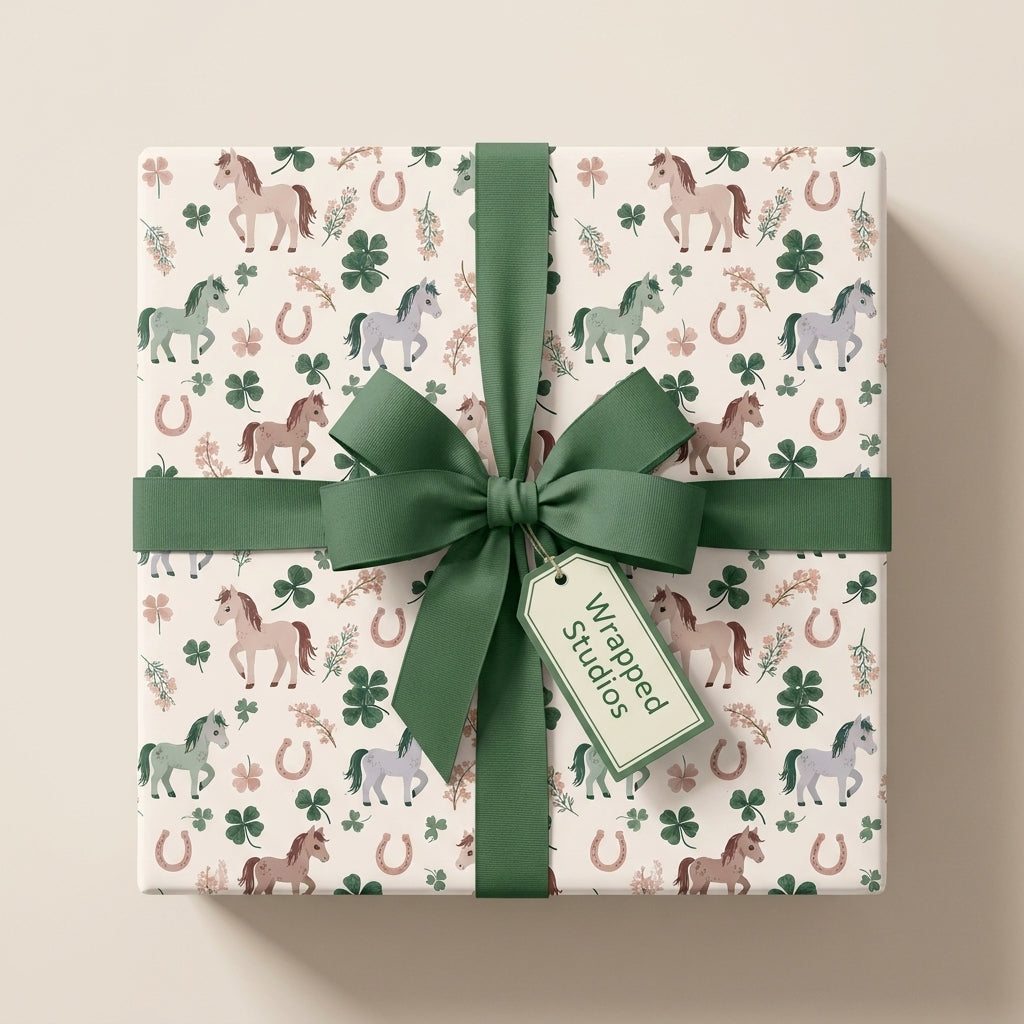 Horse wrapping paper with shamrocks and green ribbon on a gift box, cute birthday gift wrap by Wrapped Studios.
