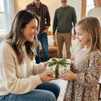 A girl receiving a gift in horse and clover wrapping paper with green velvet ribbon by Wrapped Studios.
