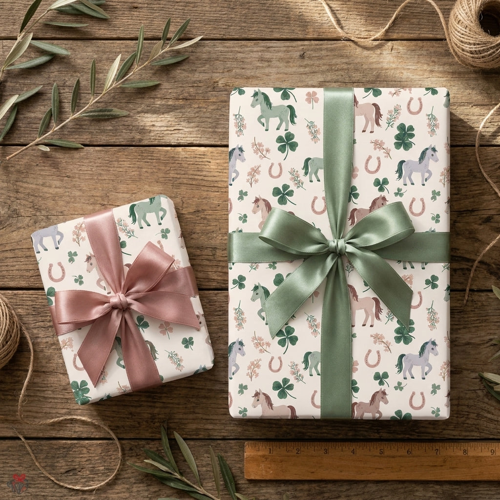 Whimsical horse wrapping paper with clovers and satin bows on gifts by Wrapped Studios.
