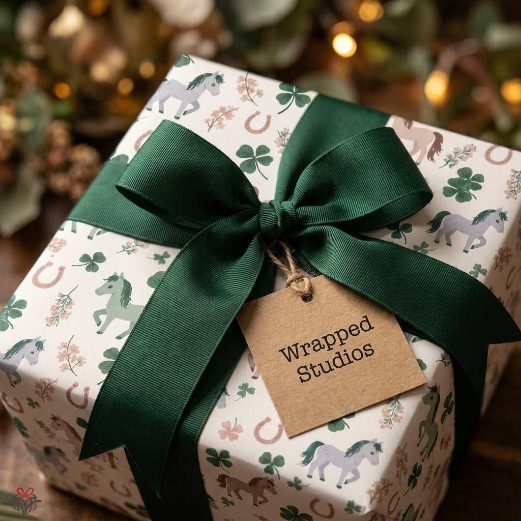 Horse and shamrock gift wrap with a green grosgrain ribbon and Wrapped Studios gift tag.