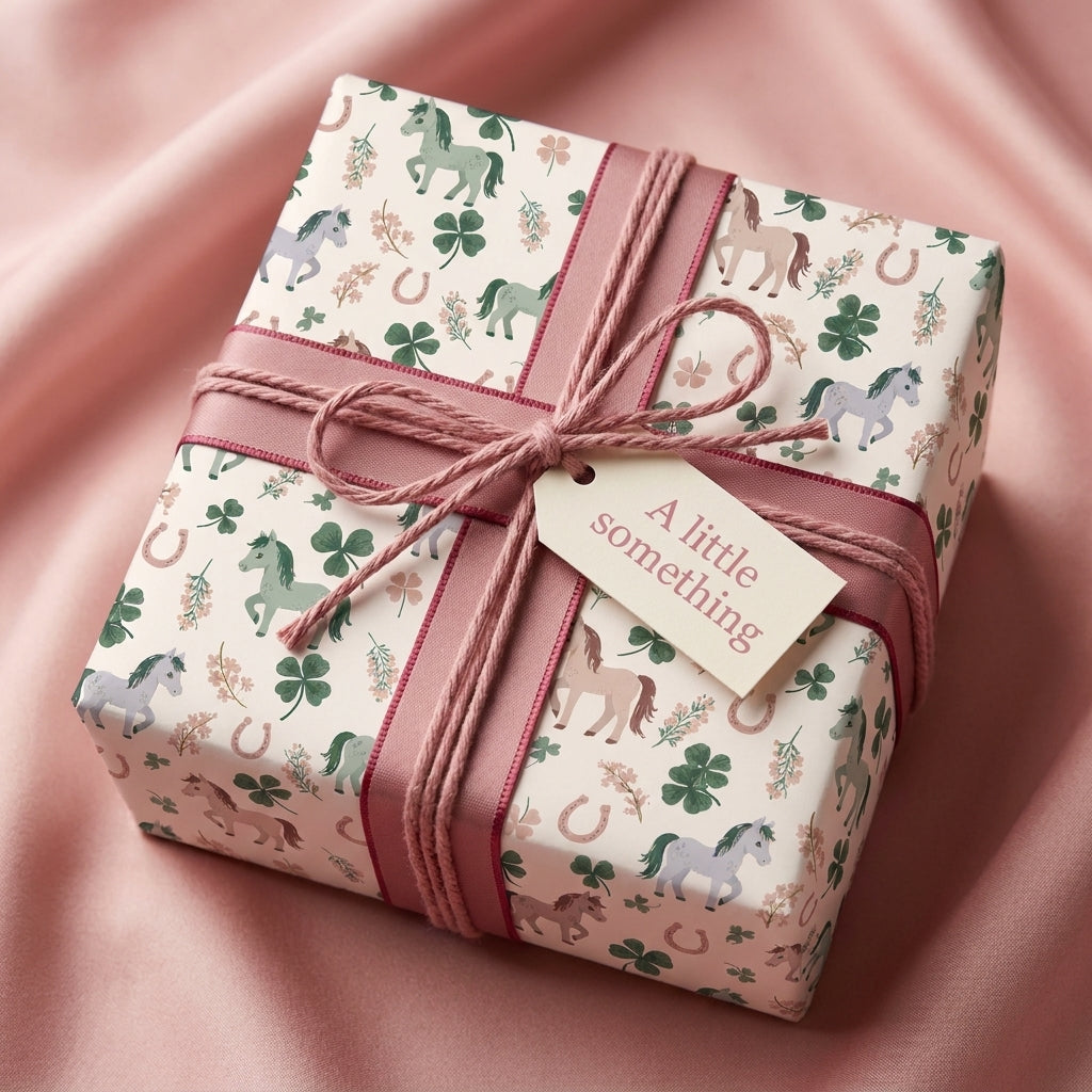 Whimsical horse wrapping paper with clovers and a pink ribbon on a gift box, by Wrapped Studios.
