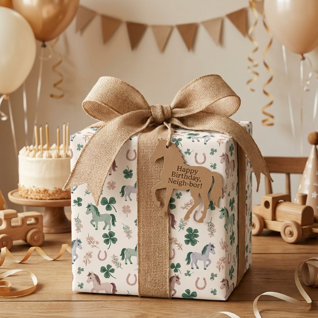 Horse birthday wrapping paper featuring clovers and a rustic burlap bow, by Wrapped Studios.