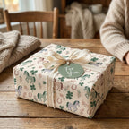 Horse wrapping paper with clovers and horseshoes on a gift box from Wrapped Studios.