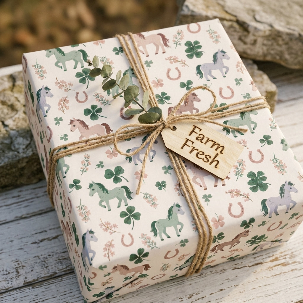 Rustic horse wrapping paper with a pony and clover pattern, tied with twine by Wrapped Studios.