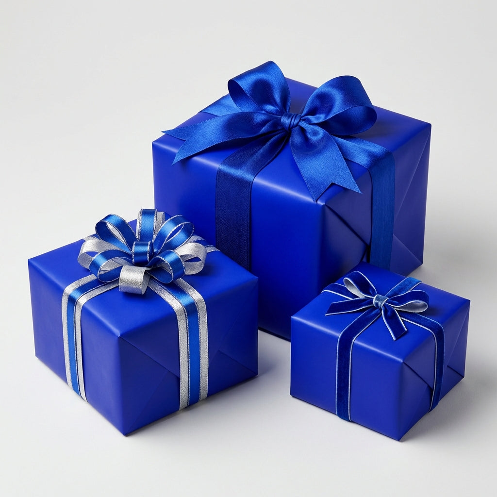 Three square gift boxes wrapped in vibrant blue wrapping paper with decorative bows.